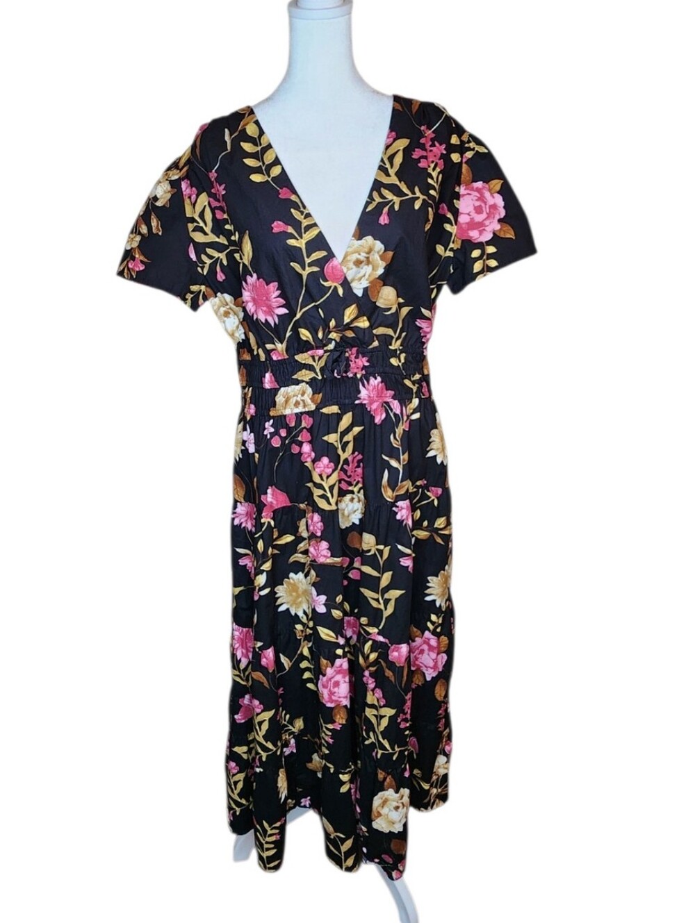 Meadow Rhodes Black Floral 100% Cotton Smocked Waist Short Sleeve Maxi Dress XL